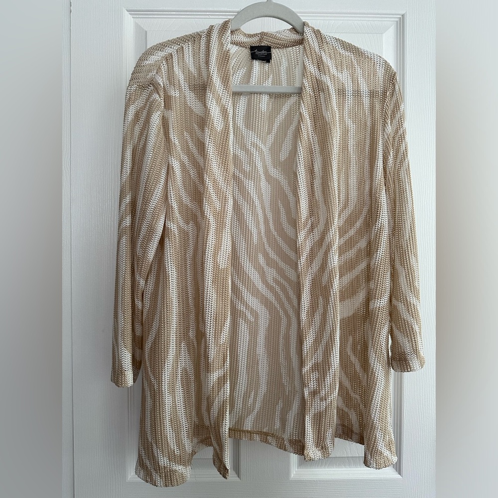 Chicos Travelers Cardigan Womens 2 US Large Beige Zebra Print Open Front Knit